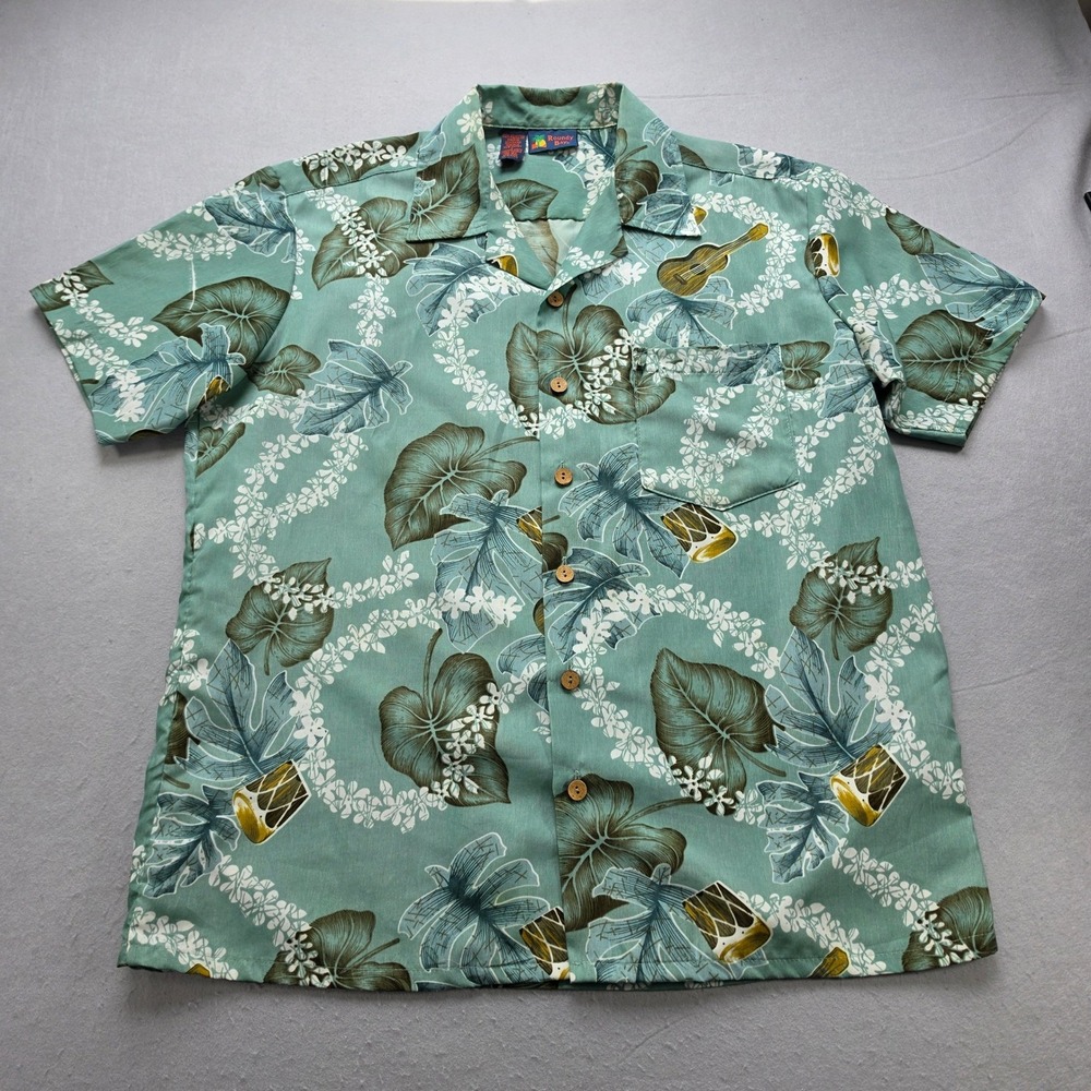 Roundy Bay Mens Hawaiian Shirt Large Green Tropical Monstera Ukulele Camp Collar